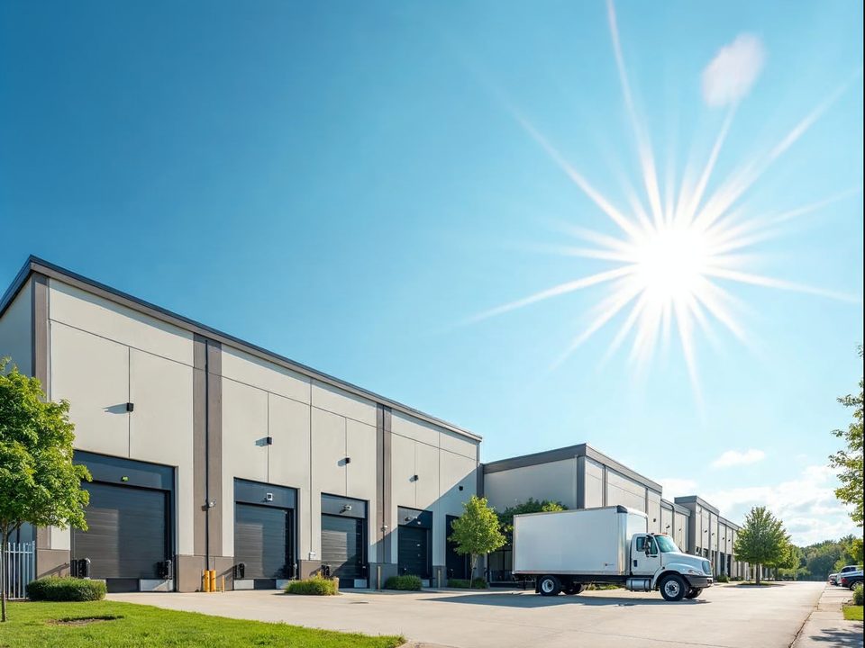 Rows of modern light-industrial buildings with loading docks and tidy lawns in a DuPage County business park