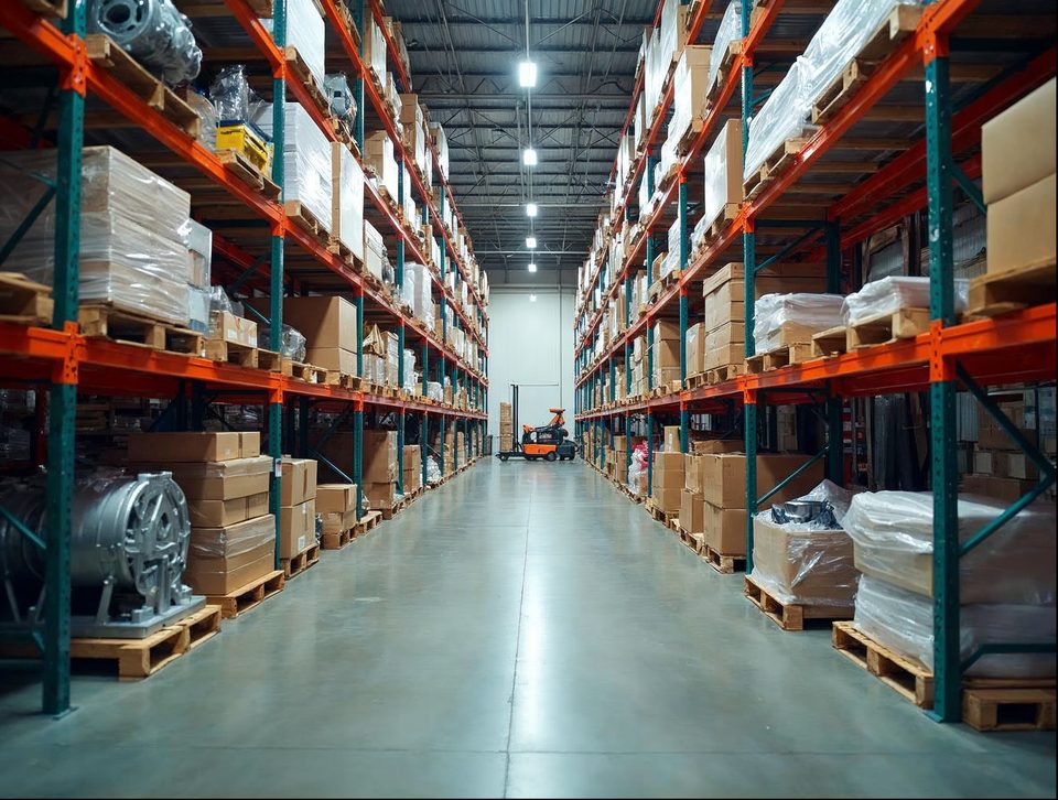 Steel shelving racks holding boxed machine parts and metal components in a clean, bright storage building