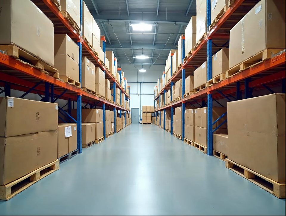 Clean cool storage room with stacked pallets of boxed packaged foods on tall blue racks