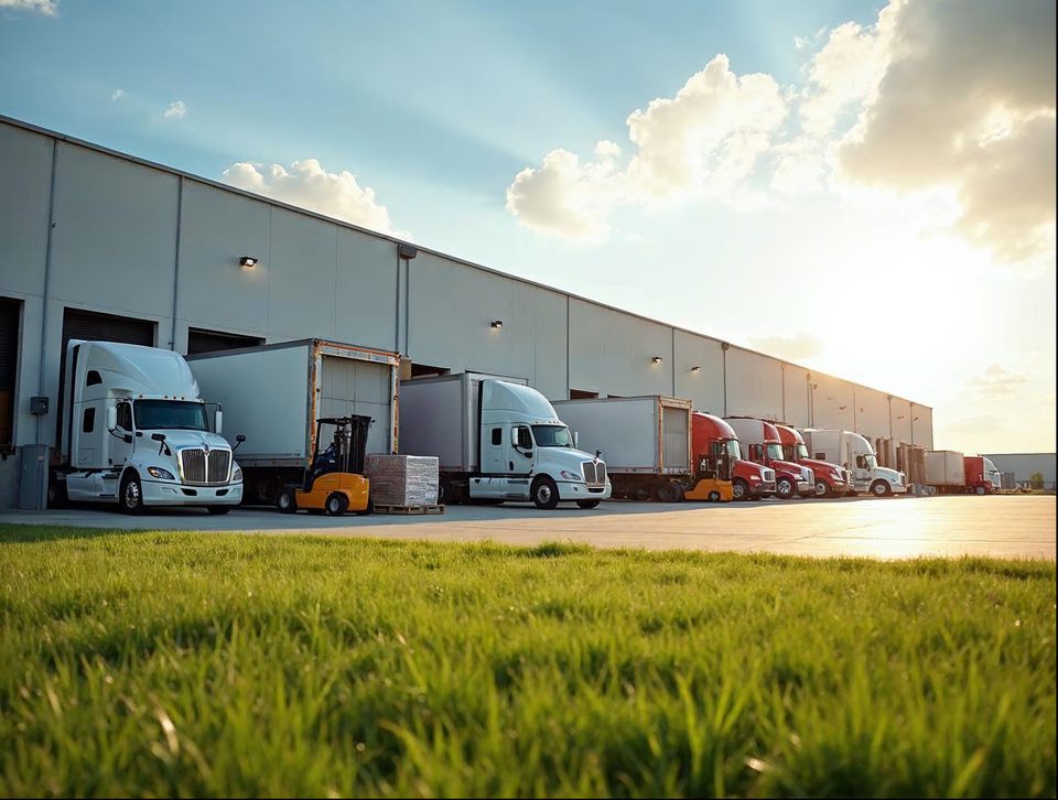Semi trucks parked at loading dock doors of a large distribution building under a sunny sky