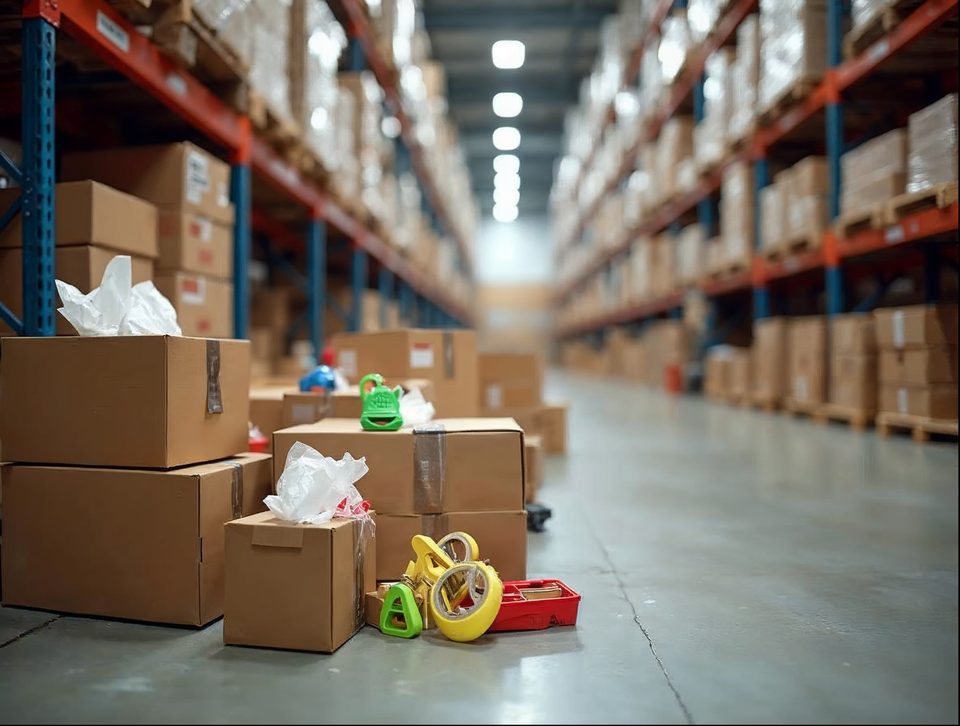 Packing station with cardboard boxes, tape, tissue paper and colorful products ready for parcel shipping