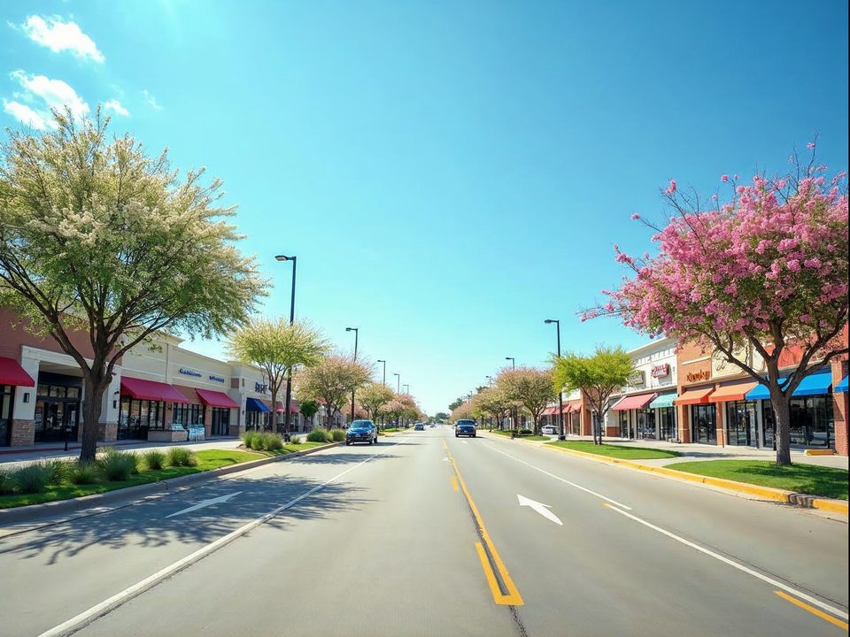 Busy Central Expressway corridor in Allen, Texas on a clear day, with modern retail buildings, mature green trees and light traffic