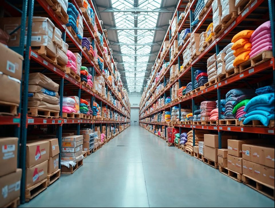 Shelves and pallets of folded apparel and boxed home goods inside a bright storage building