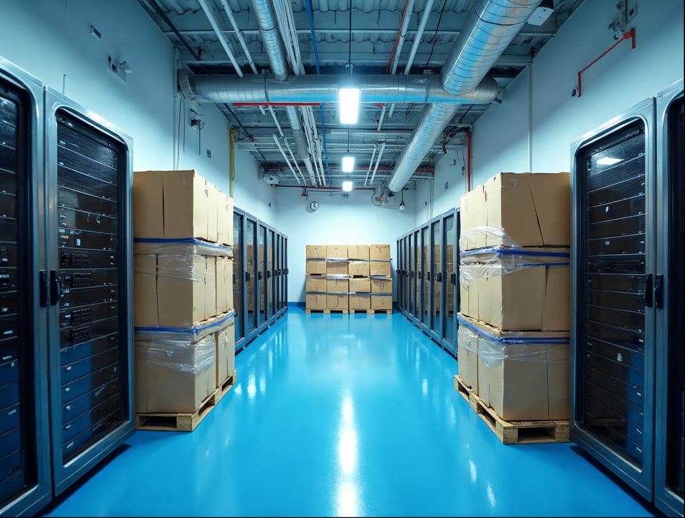 Boxed electronics and networking equipment on secure pallet racks beneath ceiling security cameras