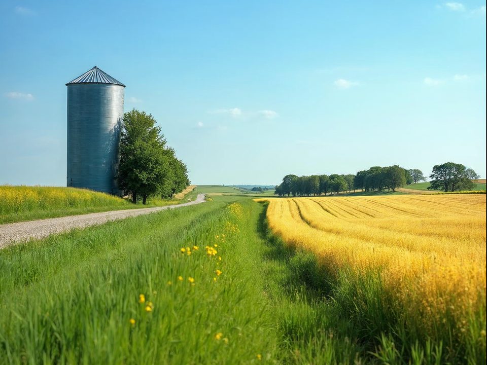 Green and gold farm fields with a grain bin and a country road stretching toward the Elkhorn River valley near Arlington, Nebraska