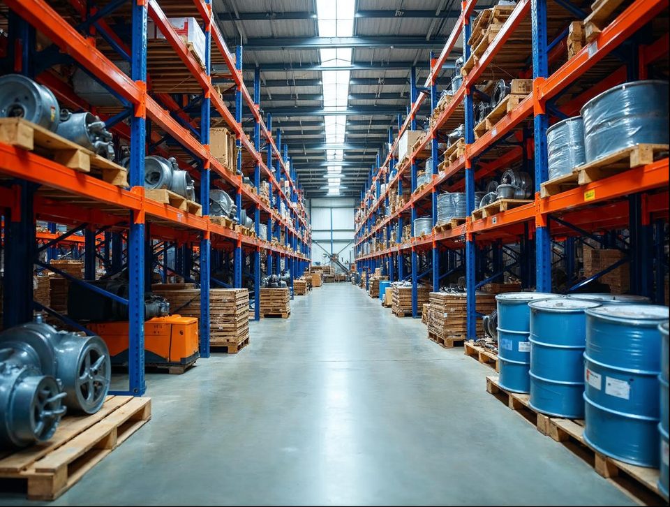 Rows of tall racks holding heavy machinery parts, steel drums and crated tools in a bright industrial storage building