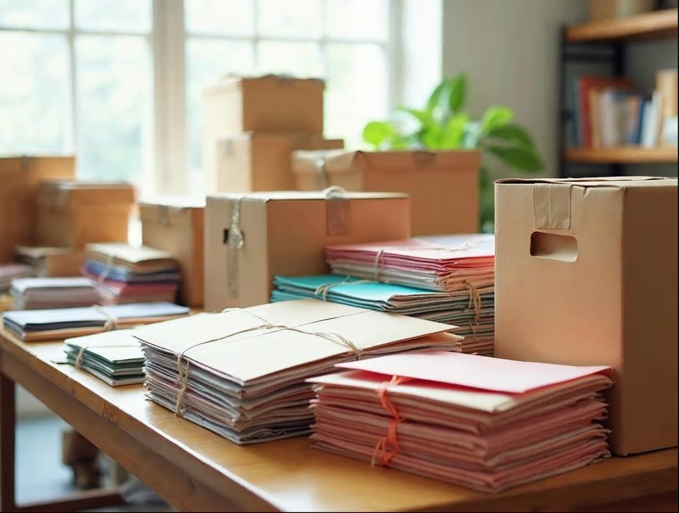 Bright packing table with handmade goods, kraft boxes, bubble wrap and shipping labels ready to go out