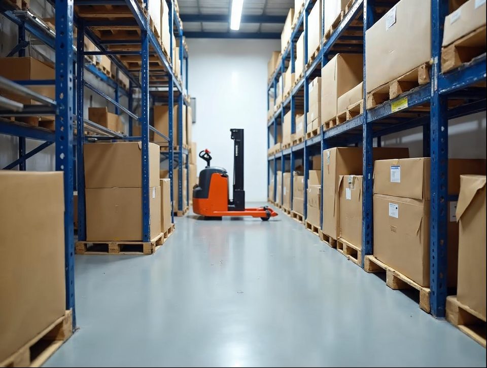 Spotless cold room holding stacked pallets of packaged food cases beneath bright ceiling lights