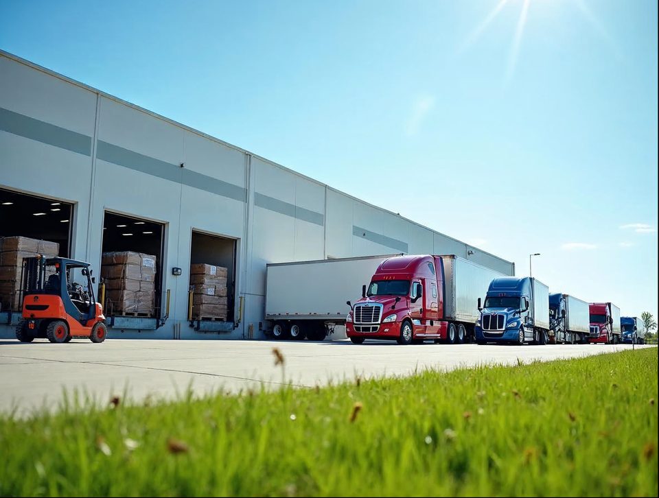 Trailers lined up along the doors of a broad freight building as forklifts carry wrapped pallets
