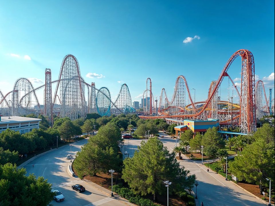 Roller coasters and green trees at a theme park in Arlington, Texas on a clear sunny summer day