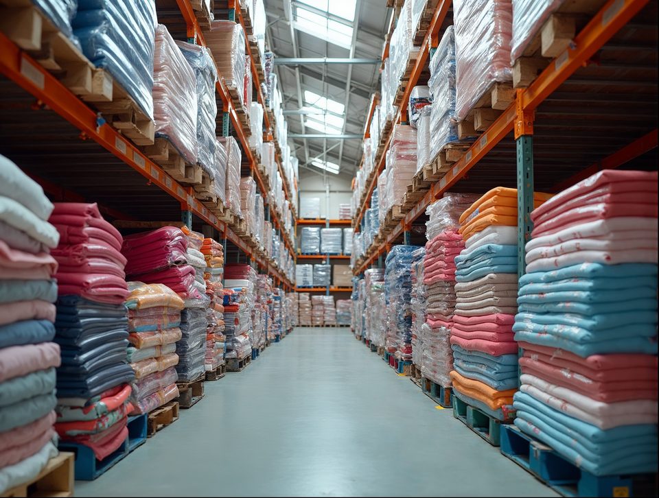Pallets of folded sports-style apparel and boxed novelty merchandise on tall racks in a bright storage building