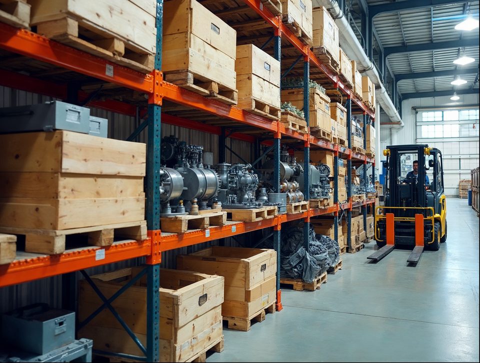 Crates of metal parts and machinery components on heavy-duty racks beside a forklift in a bright warehouse