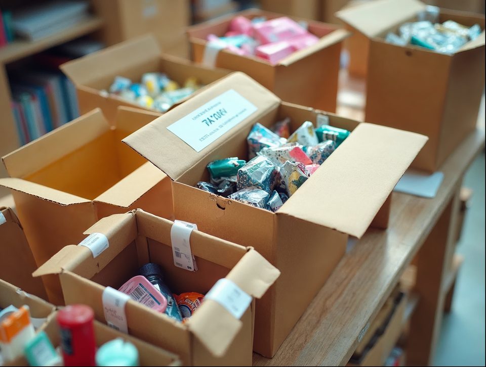 Packing table with brown boxes, tissue paper and colorful consumer products awaiting parcel labels