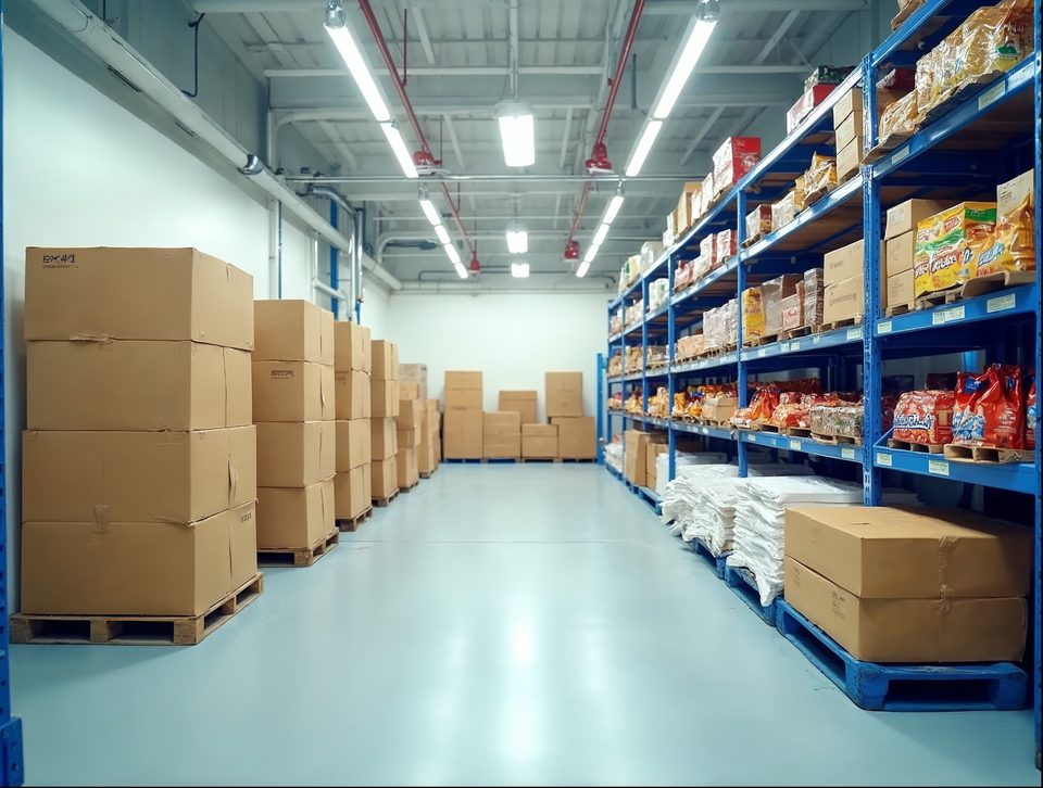 Pallets of boxed grocery goods and cases of packaged snacks on racks in a clean, bright temperature-controlled room