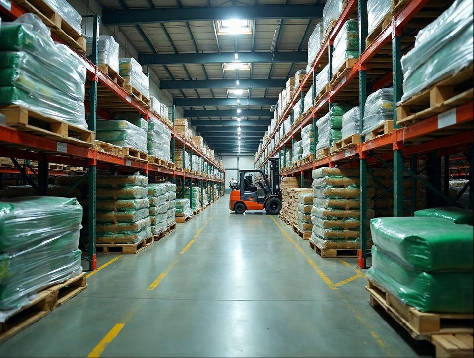 Large wrapped pallets of farm equipment parts and bagged supplies on tall racks in a wide warehouse aisle