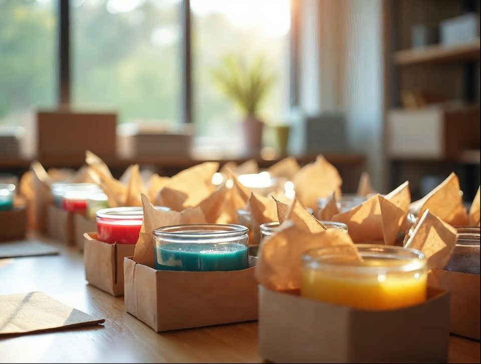 Colorful handmade candles and ceramic mugs being packed into cartons at a bright worktable
