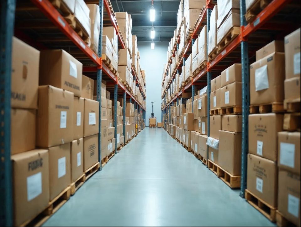 Pallets of boxed packaged food products on racks inside a clean, cool, brightly lit storage room
