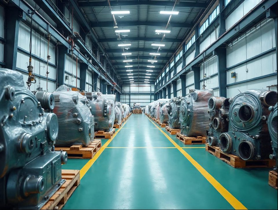 Large machine parts and wrapped industrial pallets stored on wide aisles in a bright, clean storage building
