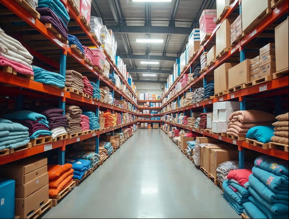 Racks and shelves loaded with neatly folded clothing, bright toys and cartons of consumer goods inside a sunlit storage building
