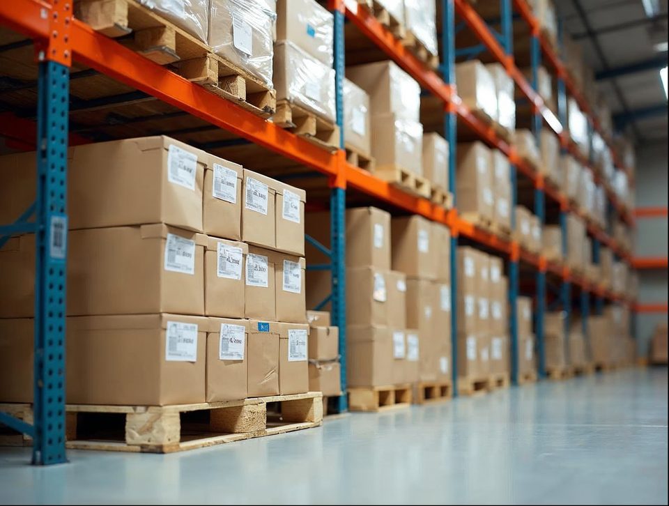 Cool storage room with pallets of boxed packaged foods stacked on tall racks under bright even lighting