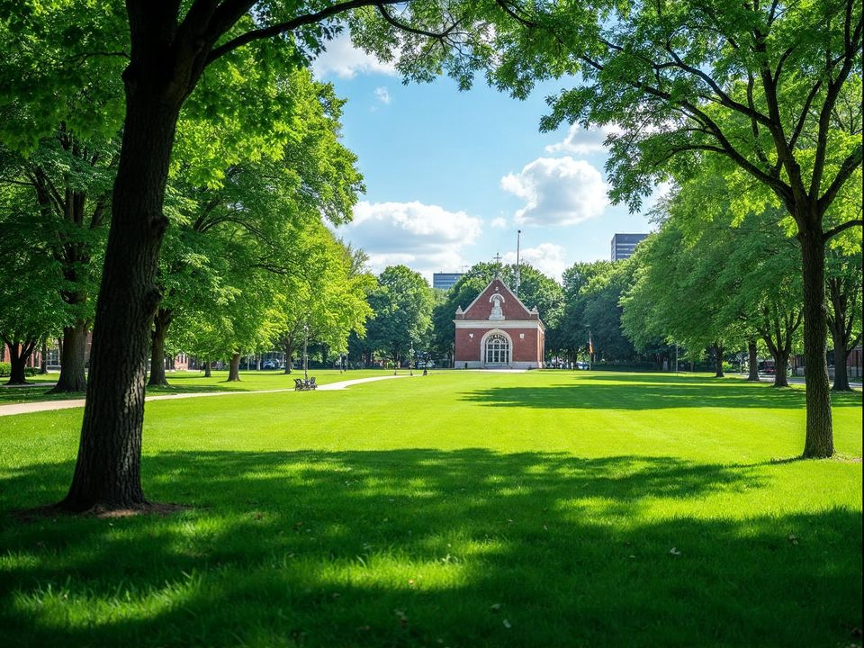 Green lawn, tall trees and a paved walking path in a Chicago neighborhood park on a bright summer day