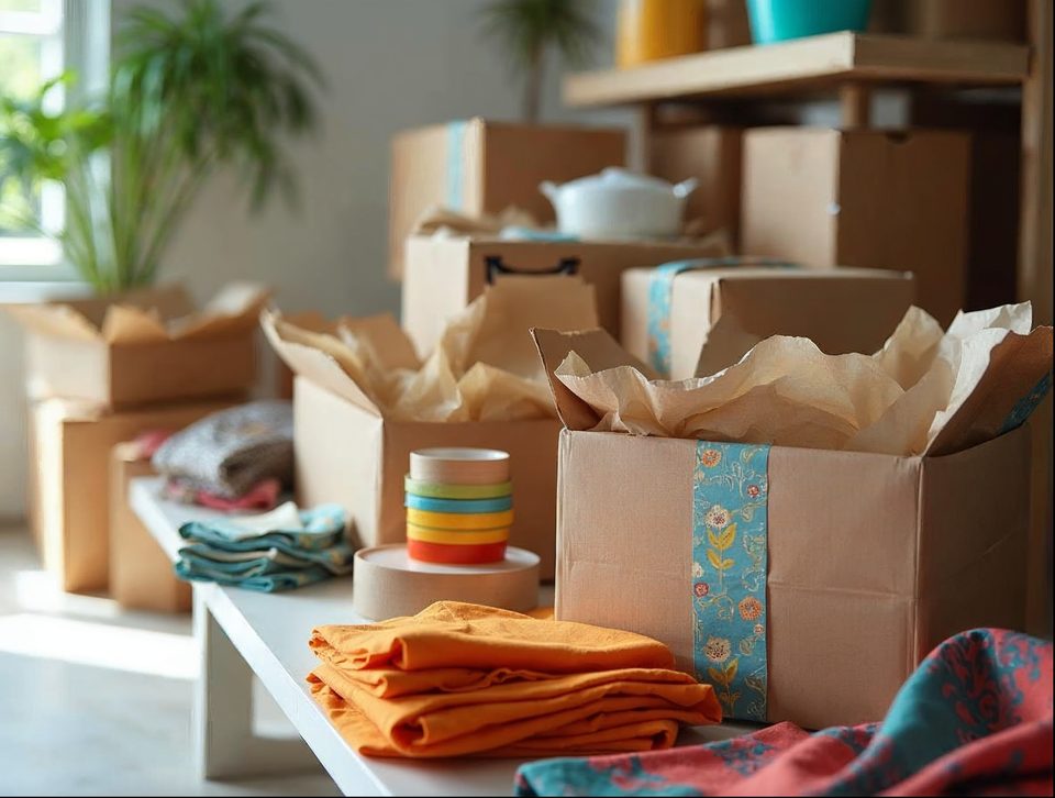 Packing area with stacked shipping boxes, tissue paper, tape and colorful boutique goods ready for parcel shipping