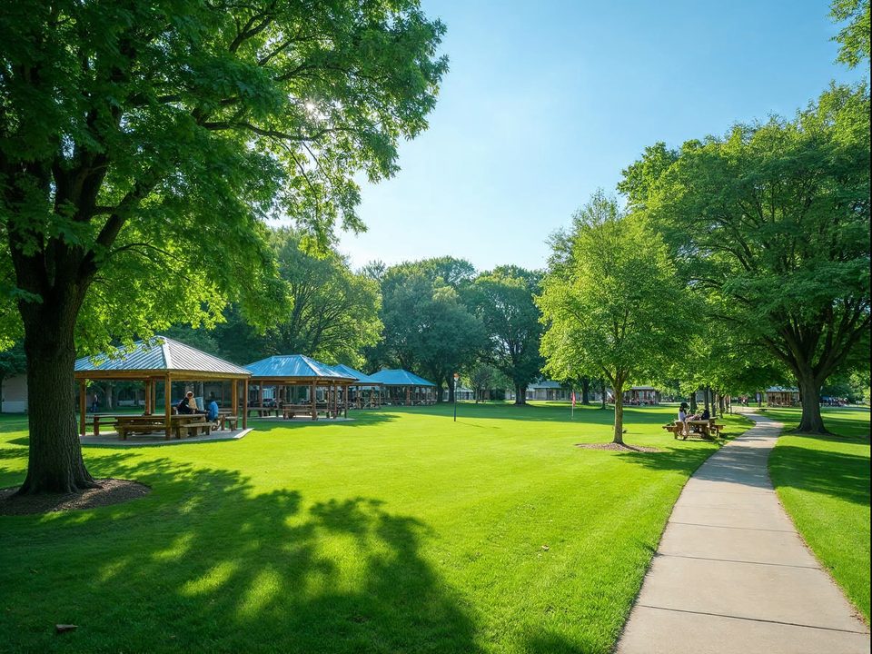 Green park with picnic shelters, mature trees and families on lawns under a sunny sky in a Kansas City suburb