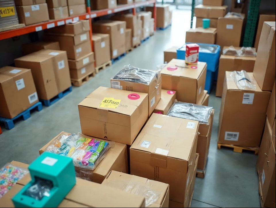 Packing station with brown boxes, tape and colorful products ready for parcel shipment
