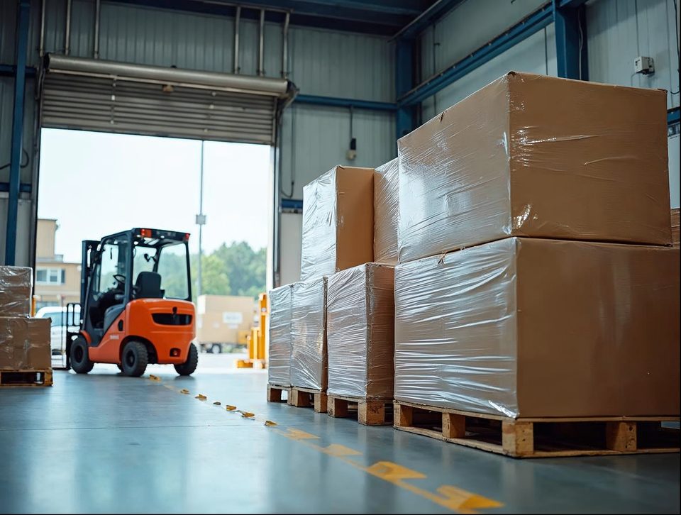 Shrink-wrapped pallets of boxed goods staged near open dock doors in a bright warehouse