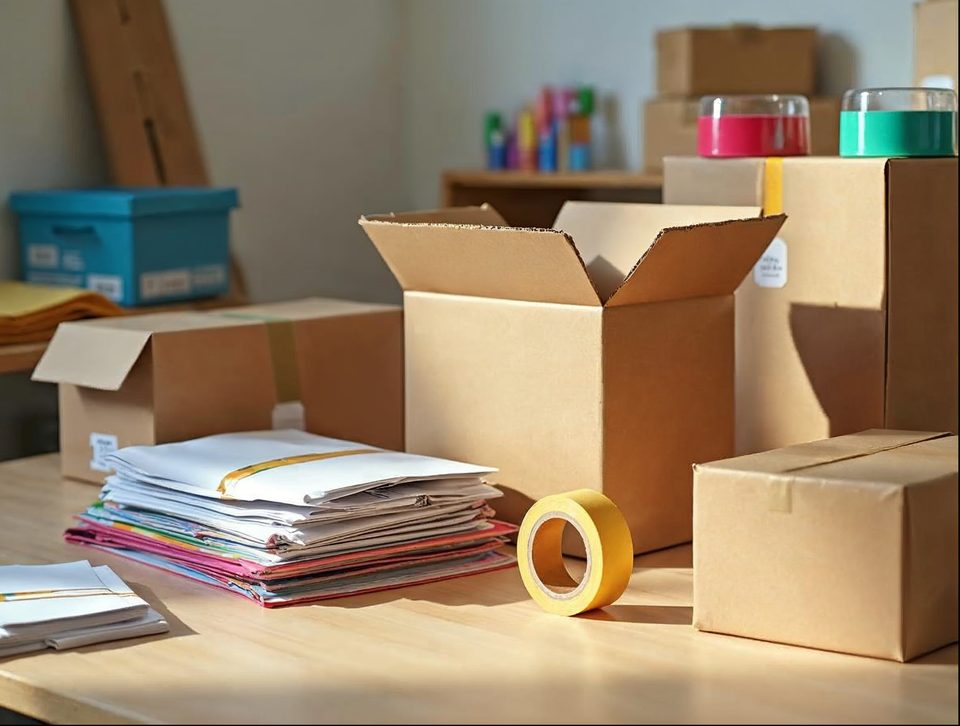 Organized packing station with kraft boxes, tape, colorful products and shipping labels in warm daylight