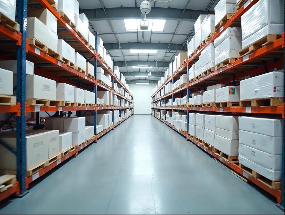 Neatly organized racks of boxed supplies and sealed cartons in a clean, bright storage building