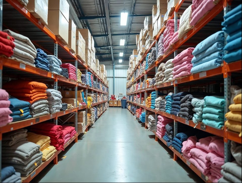 Racks and shelves stocked with folded clothing, colorful toys and boxed goods in a bright storage building
