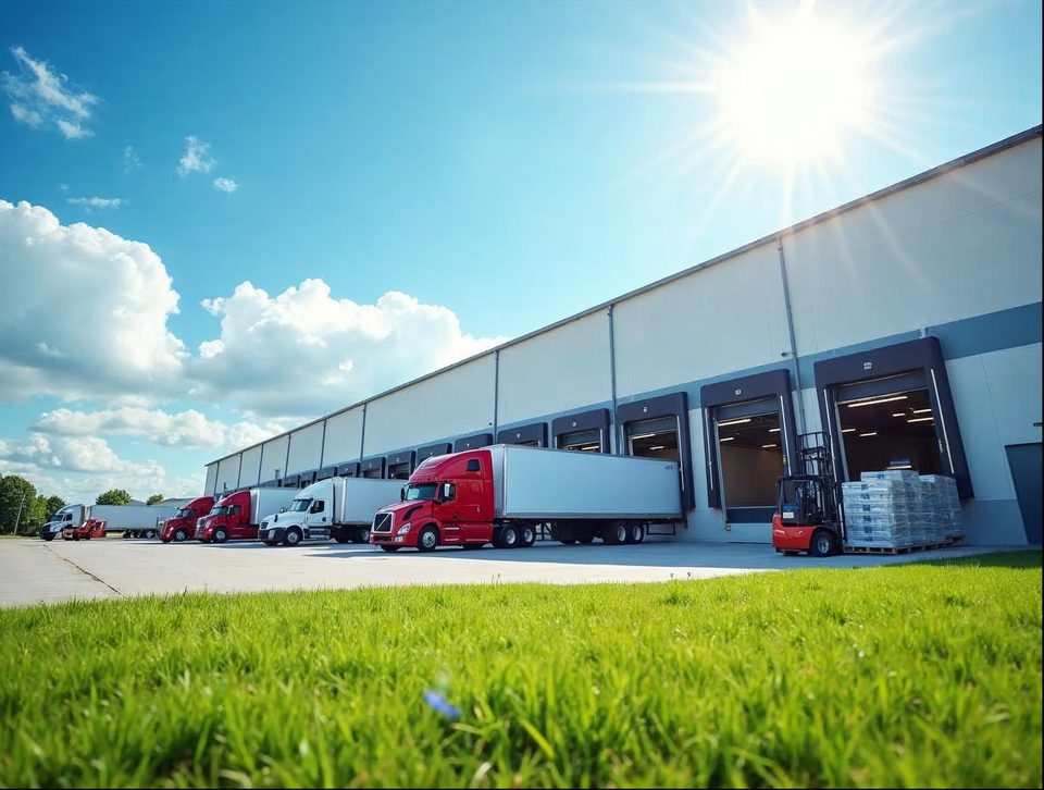 Semi trucks at the loading docks of a large distribution building on a clear sunny day