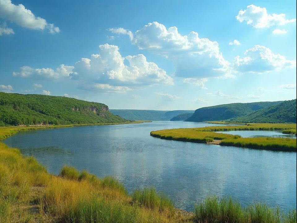 Broad Missouri River bend with green bluffs, a wildlife refuge shoreline and a steamboat-era landing on a bright day near Blair, Nebraska
