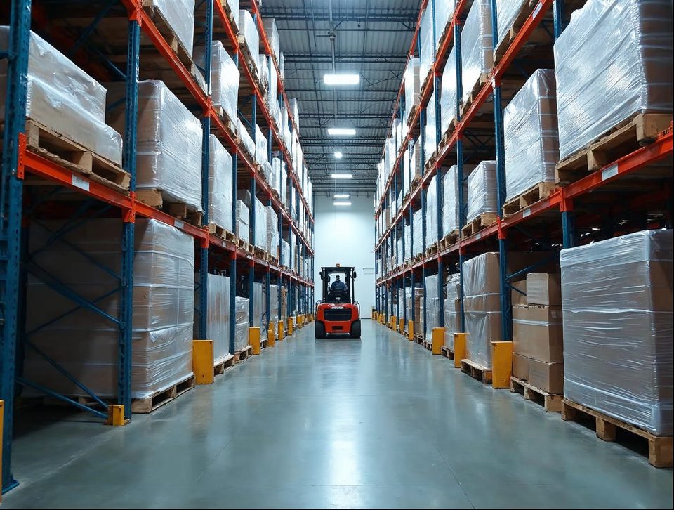 Heavy industrial components and wrapped pallets of packaging on tall racks in a wide, bright warehouse aisle