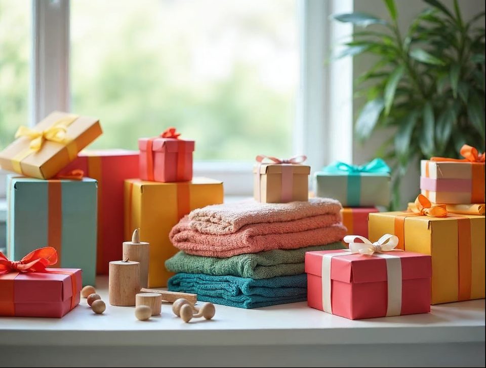 Bright packing table with gift boxes, folded apparel, wooden toys and shipping cartons ready for parcel pickup