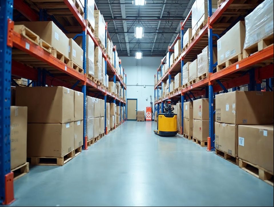 Spotless cool storage bay with tall racks of boxed food pallets lit by bright overhead fixtures