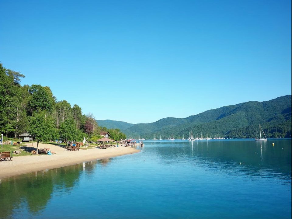 Calm blue lake with a sandy beach, picnic shelters and green hills under a bright summer sky