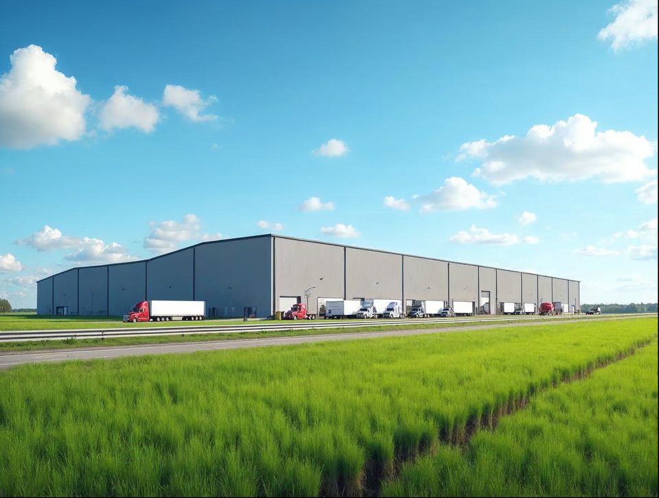Several semi trucks parked at dock doors of a big distribution center next to a highway