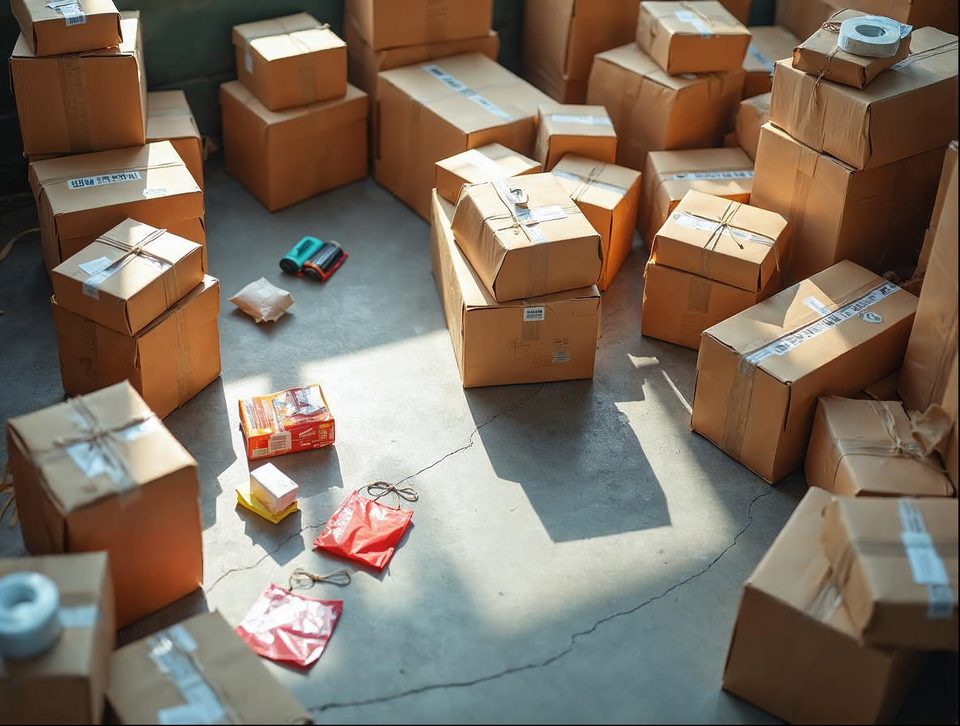 Packing station with brown boxes, tape dispensers and colorful products ready for parcel shipment