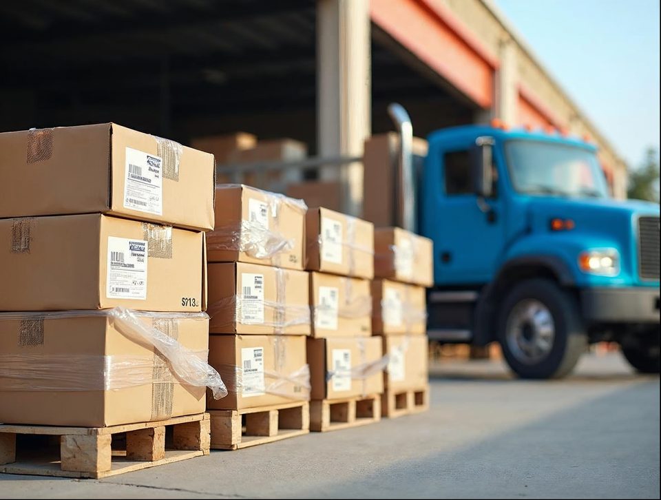 Stacked building supplies on pallets near an open loading dock in bright daylight