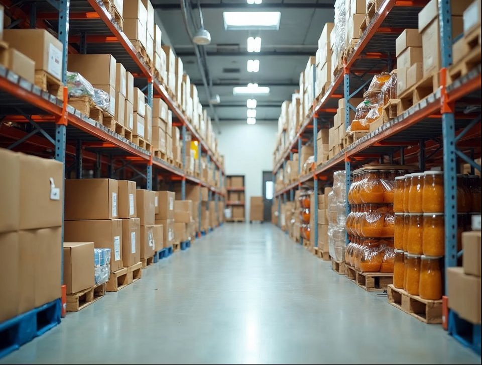 Clean temperature-controlled storage with pallets of boxed grocery products on tall racks