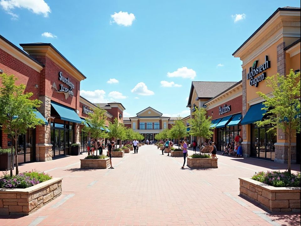 Open-air shopping center with brick storefronts, wide walkways and planters on a bright afternoon in Bolingbrook, Illinois