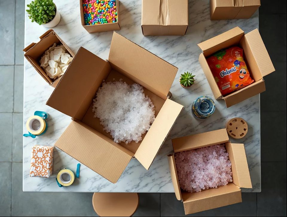 Open cartons, rolls of tape and bright consumer goods lined up on a packing bench awaiting parcel labels