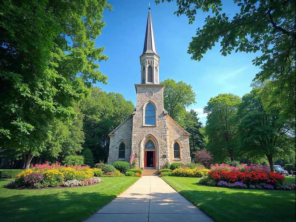 Stone chapel and manicured flower beds on a bright summer morning at a Nebraska village campus