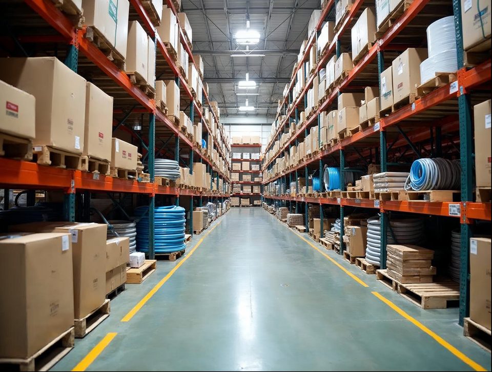 Racks of pipe fittings, electrical supplies and boxed fixtures organized on pallets inside a bright building