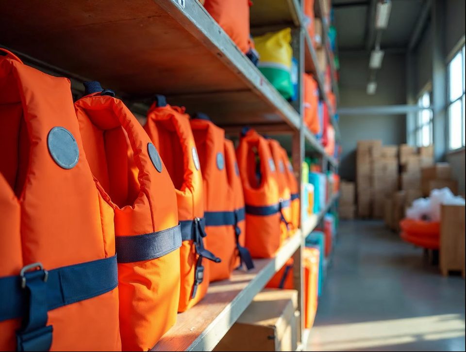 Shelves of colorful outdoor gear, life jackets and toys beside a packing bench with parcels ready to ship