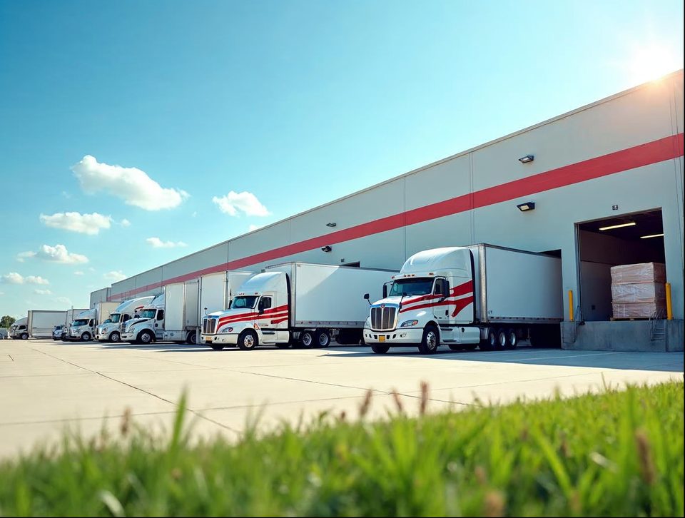Trucks docked at a distribution center in sunshine while forklifts carry wrapped pallets