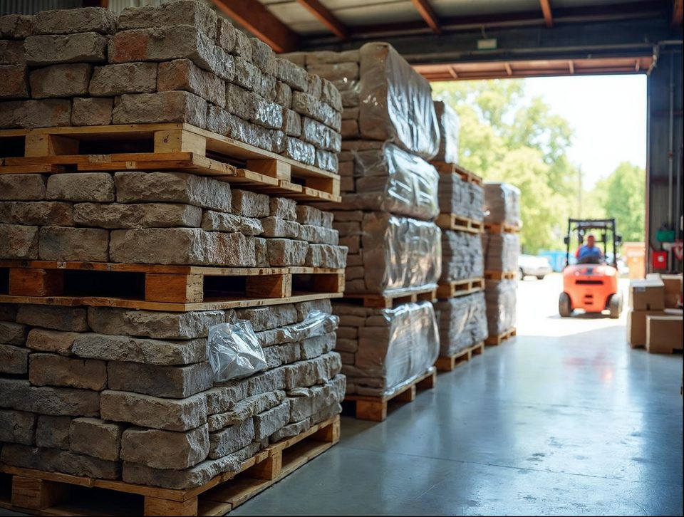 Pallets of pavers, bagged mulch and boxed fixtures stacked neatly in a bright storage building