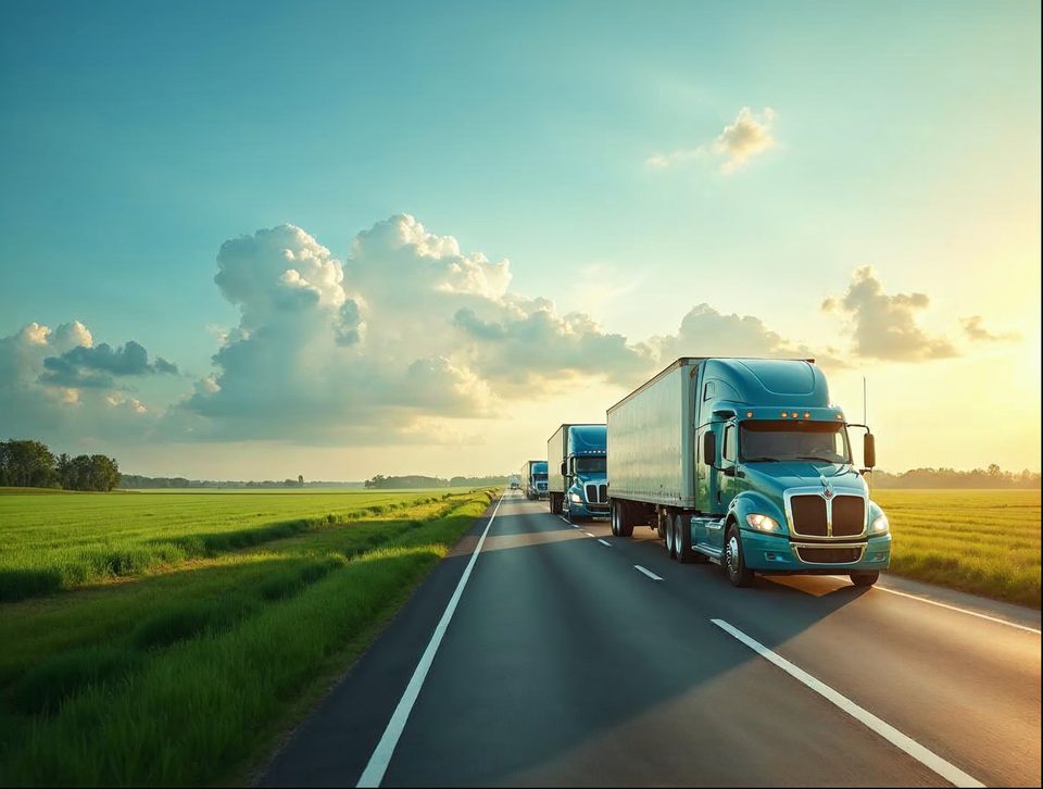 Semi trucks driving a straight interstate across green farmland under a broad blue sky